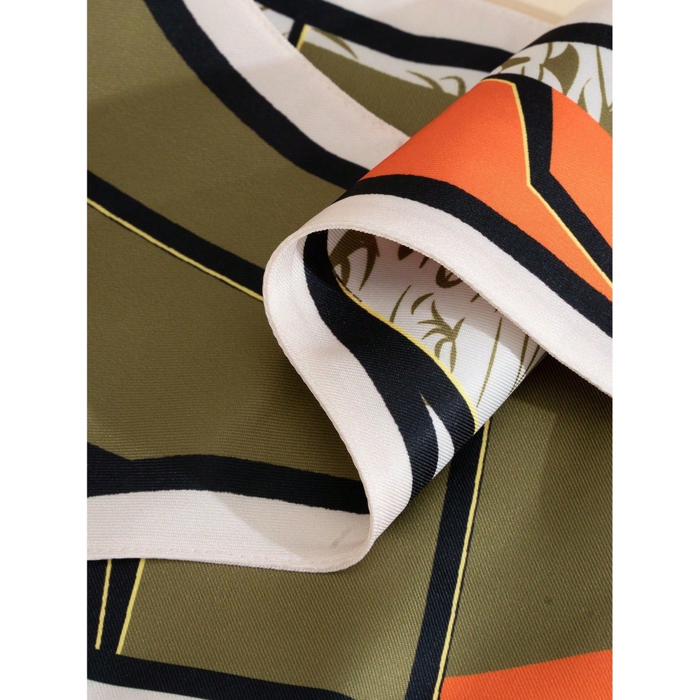 New Olive MCM Green Orange Geometric Print Tie Front Sailor Collar Retro 70's - Picture 3 of 3